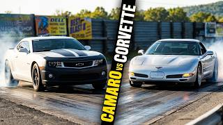 Chevy Camaro vs Two Corvette Drag racing @ Island Dragway