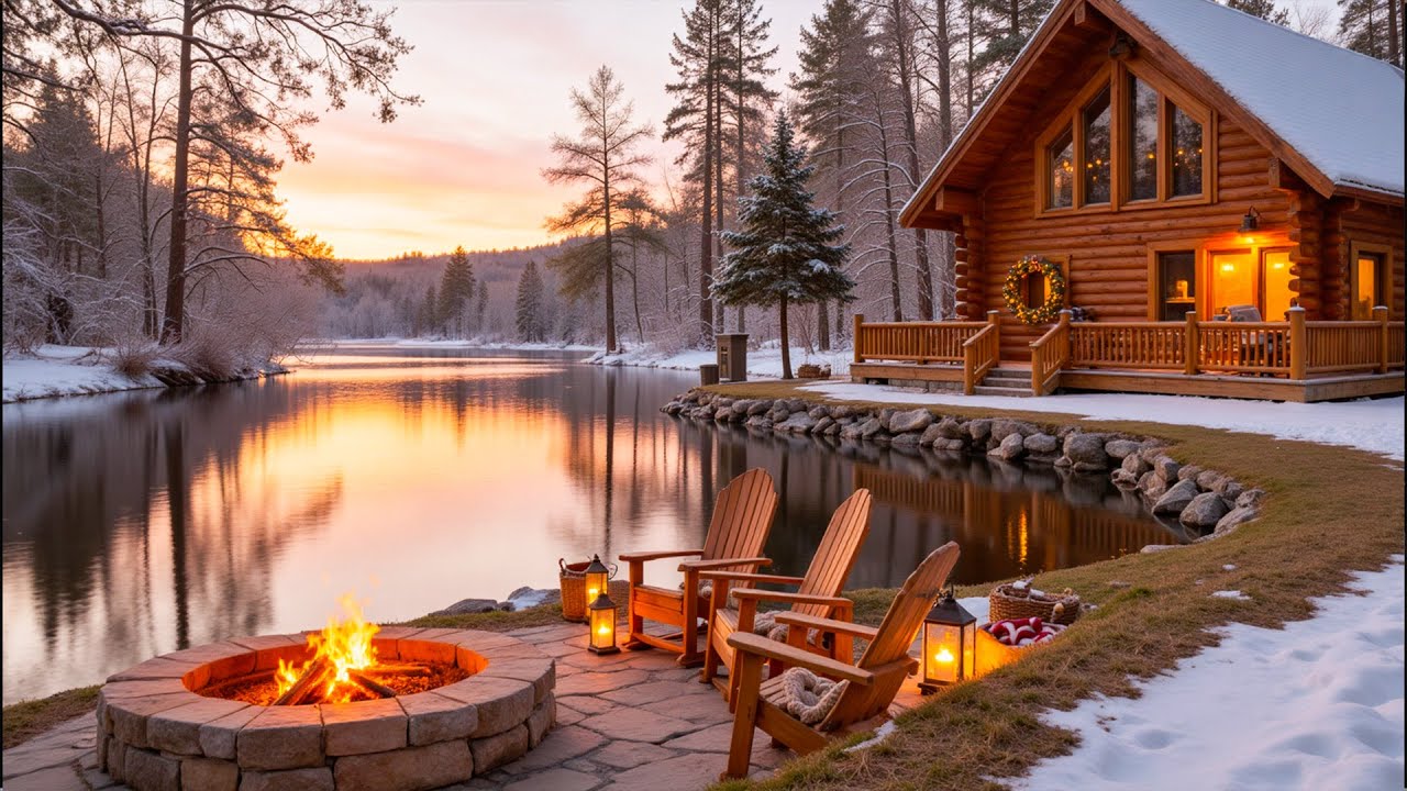 Calm Winter Lakeside Porch Ambience ❄️🔥 Crackling Fire Pit, Piano Music & Snow Sounds to Relax