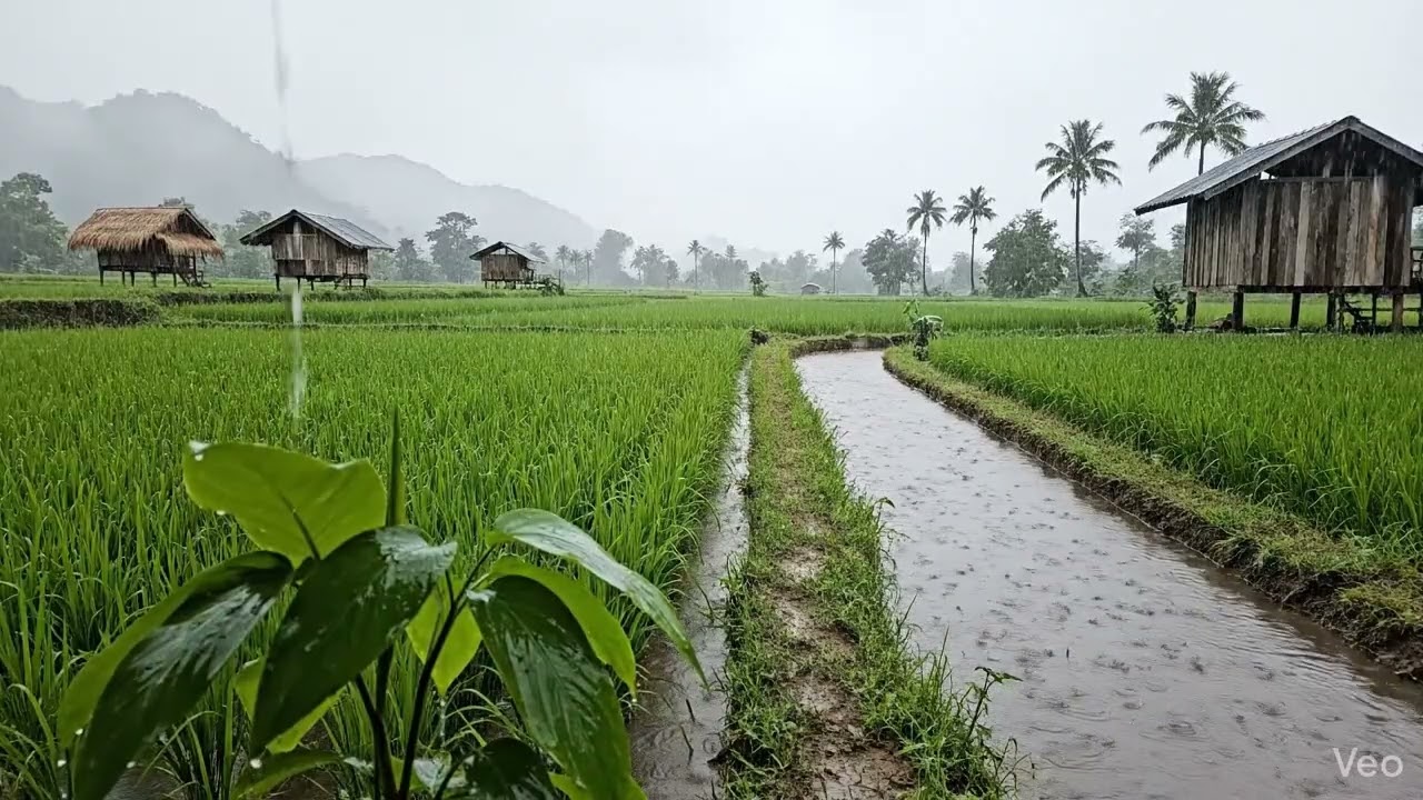 Light Rain & Far Thunder Over Rice Fields | Peaceful Nature ASMR Hujan  |  Suara Alam untuk Tidur