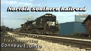 Norfolk Southern westbound Stack and Trailer Train departing Conneaut, Ohio. Date 5-9-99. Time