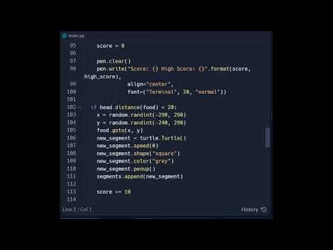 Snake game video trailer (python, replit)