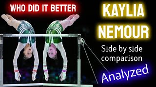 KAYLIA NEMOUR side by side analyses of her 2023 routine v.s. her 2024 for upgrades and improvements.