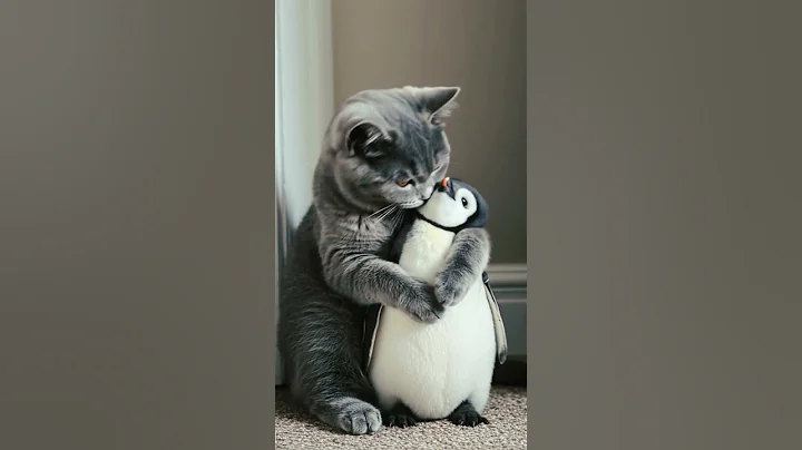 Watch the video about Lovely british cat playing and hugs a cute penguin 💕 #cat #penguin #animals #cute #trending #shorts
