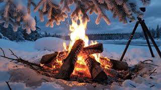 Peaceful Winter Campfire ❄️🔥 Sunset Reflections by the Frozen Lake | Crackling Fire Sounds
