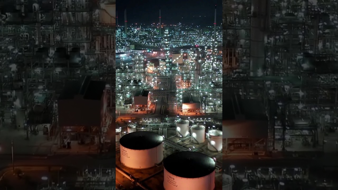 Refinery - at - Night -Drone Video- Saudi Aramco Refinery Company