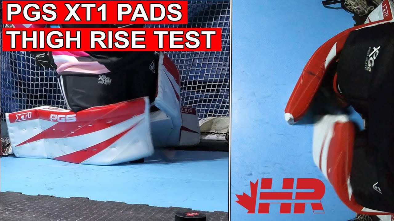 Pad Rimskej Rise PGS XT1 hockey goalie pads thigh rise test - YouTube