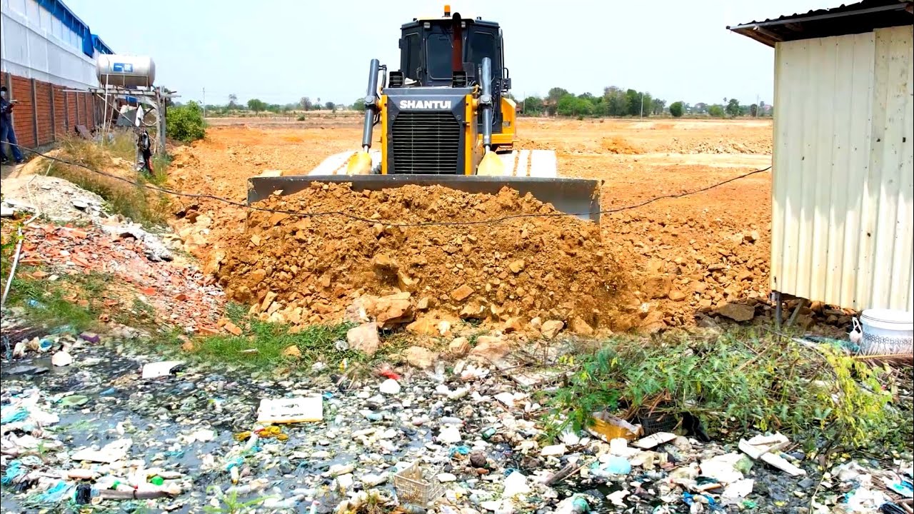 Huge Size project Landfill using Heavy Equipment Bulldozer SHANTUl DH17 C3 working Cutting Stone