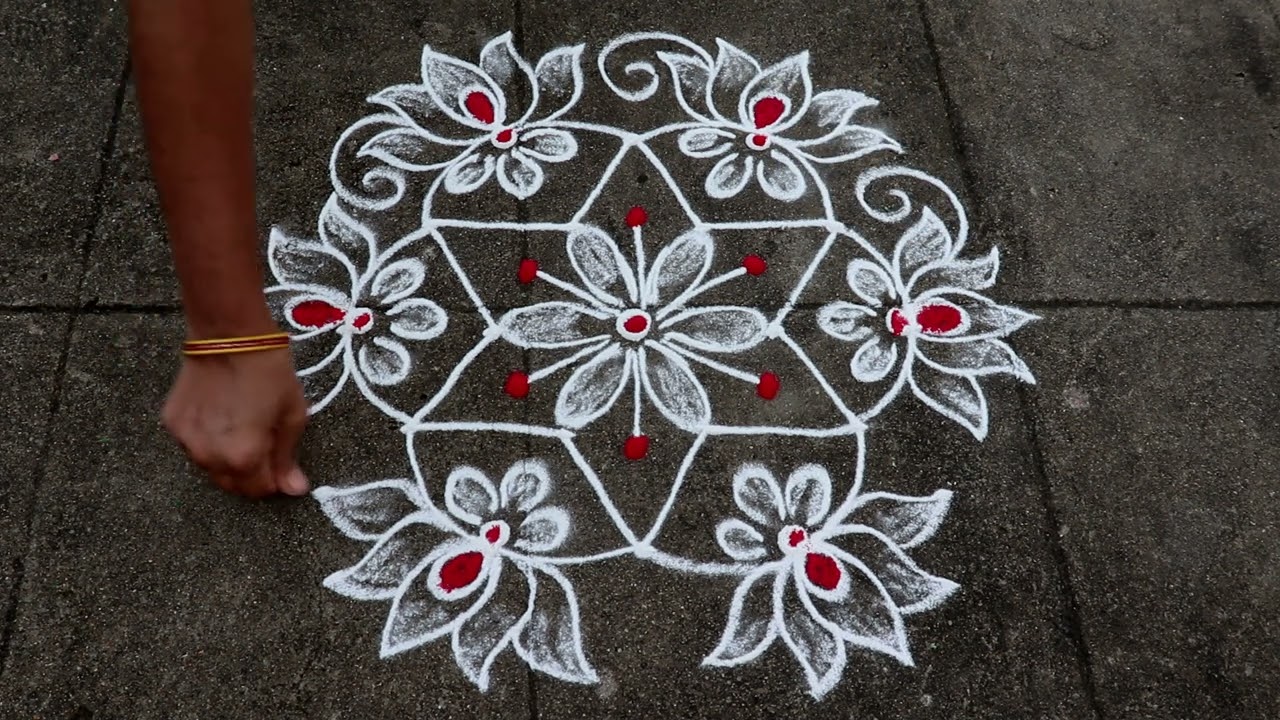 Simple Friday Flower Rangoli Designs | 5x3 Dots Small Lotus Muggulu | Easy Holi Kolam With Borders