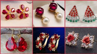 Stunning Light Weight Faux Ruby red stone floral Oval stud earrings with Rhinestones