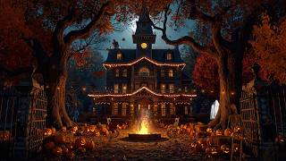 Relaxing Halloween Campfire at a Haunted House | Falling Leaves & Spooky Night Sounds for Deep Sleep