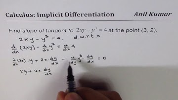 Find slope of tangent line to curve 2xy - y^3 = 4 at (3, 2)