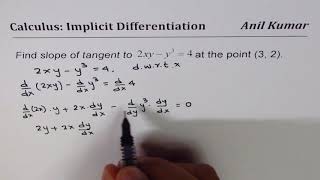 Find slope of tangent line to curve 2xy  y^3 = 4 at (3, 2)