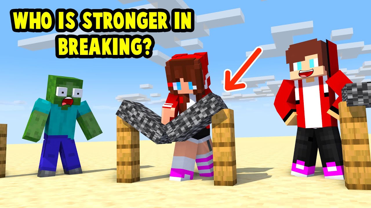 Monsters & Herobrine JJ and Mikey : WHO IS STRONGER IN BREAKING? - Maizen Minecraft Animation