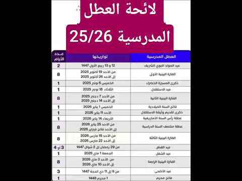 لائحة العطل المدرسية 2025 2026