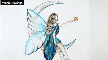Fairy sitting on moon drawing easy | how to draw girl with moon step by step for beginners.