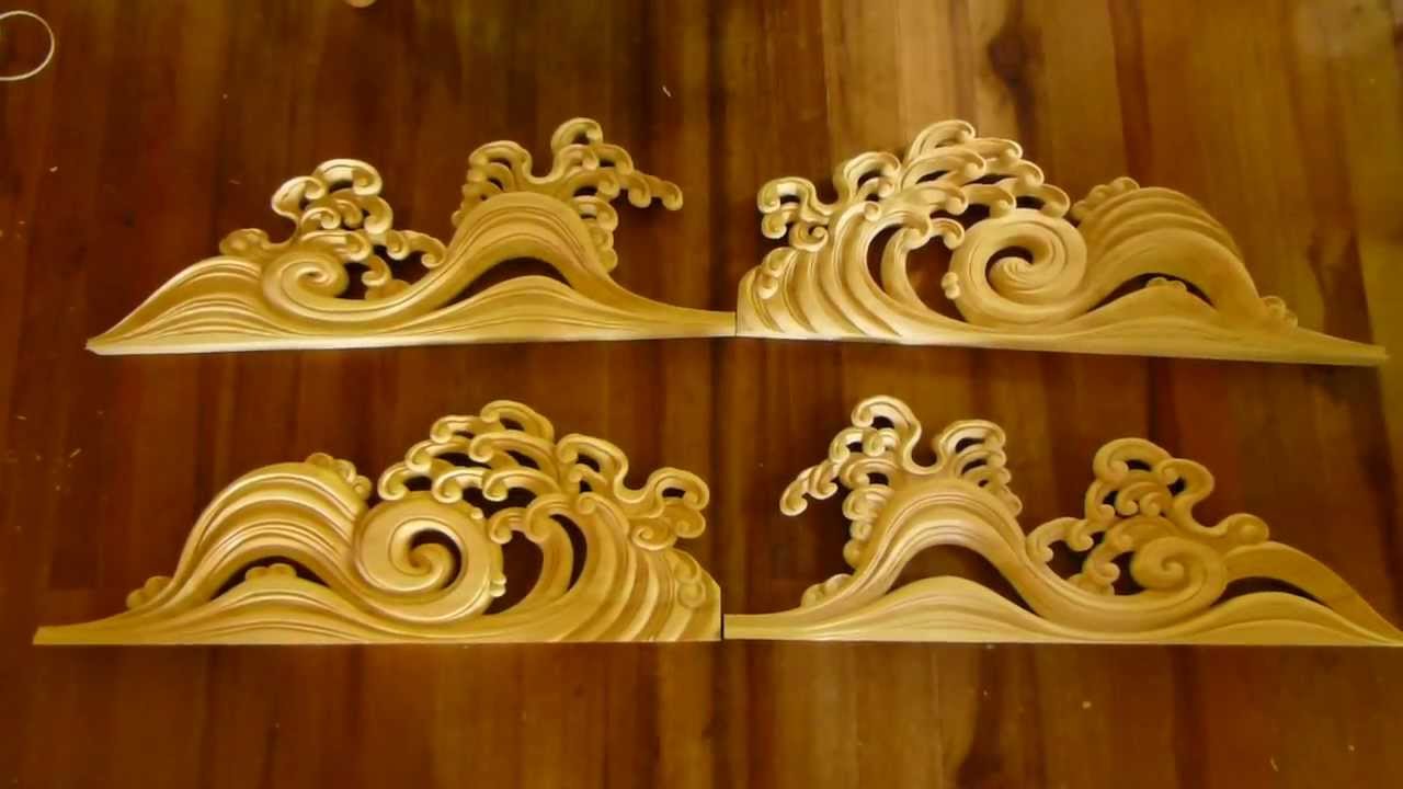 社寺彫刻 笈方 波 ③４枚揃い Japanese traditional crafts