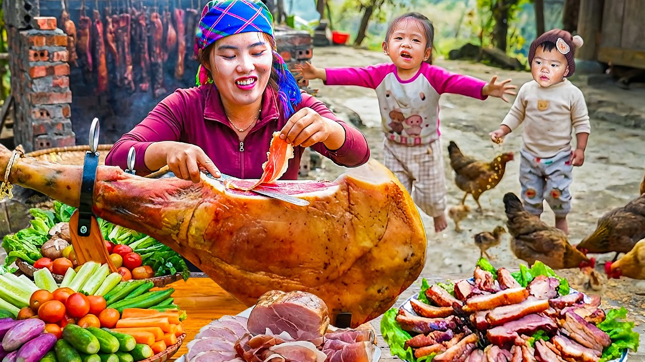 Traditional Homemade Smoked Pork – Preparing and Selling at the Market with My Daughter and Son