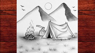 KAMP Manzara Çizimi - Adım Adım Kolay Manzara Çizimi - Easy Drawing Camping Site Mountain Scenery