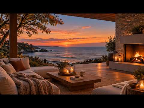 Cozy Fall Sunset Ambience on a Seaside Terrace 🍂 Ocean Waves & Crackling Fireplace Sounds — video thumbnail