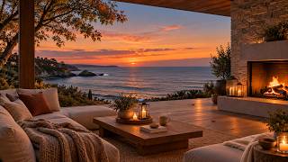 Cozy Fall Sunset Ambience on a Seaside Terrace 🍂 Ocean Waves & Crackling Fireplace Sounds