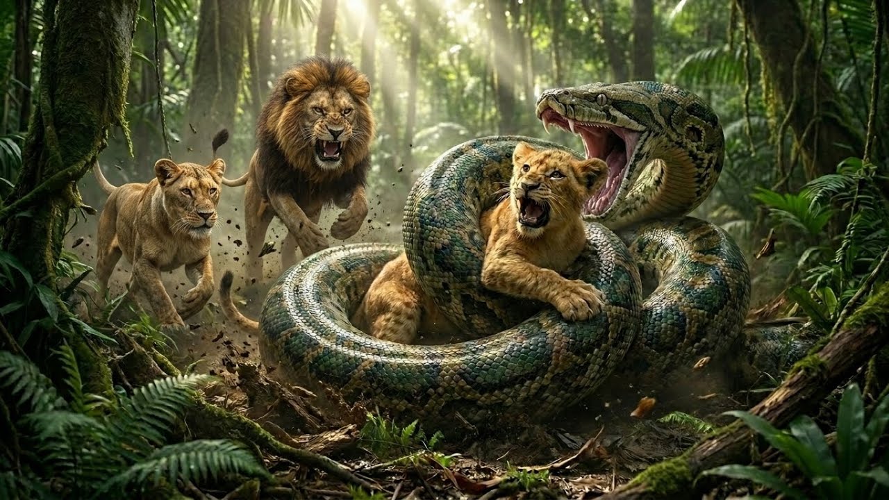 Giant Lions vs Giant Python: Epic Cub Rescue Battle - YouTube