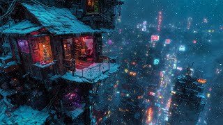 🎵  Ambient Echoes overlooking Cyberpunk City | Relaxing Ambient Music and Snow | LIVE Wealth