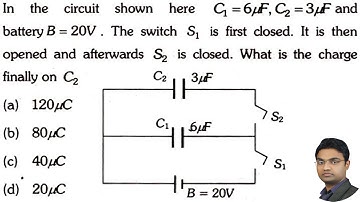 In the circuit shown here C1 = 6μF, C2 = 3μF and battery B = 20V. The Switch S1 is first closed.