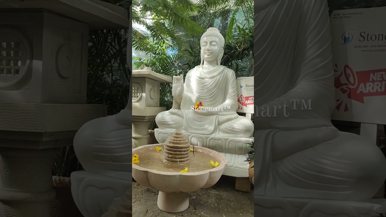 4 FEET, 500 KG BUDDHA STATUE WITH STONE JAPANESE LANTERN, STONE FOUNTAIN 