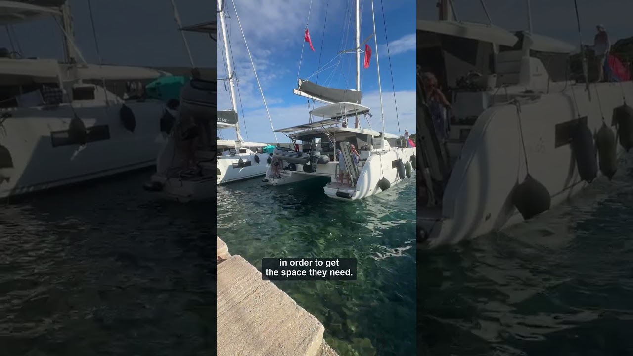 Med mooring in action: anchor down, stern lines ashore, and room to clear the rocks.