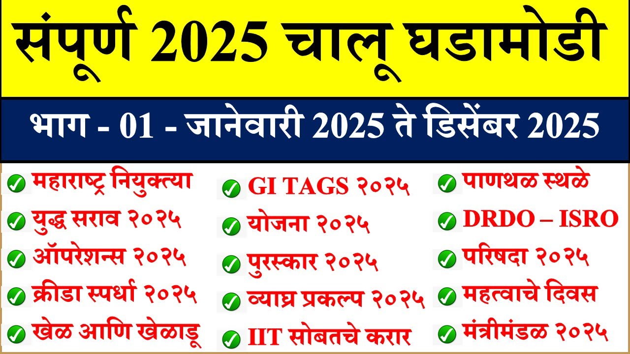 2025 - 12 महीने चालू घडामोडी | Daily Current Affairs 2025 | Current Affairs Marathi |Chalu Ghadamodi