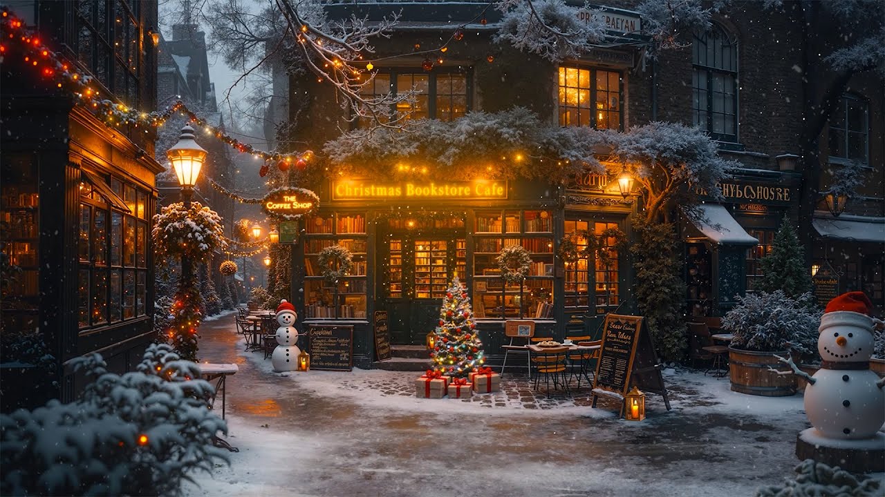 Christmas Library Café Ambience 🎄 Snowy Old Street | Cozy Winter Jazz Playlist for Peaceful Nights❄️
