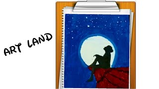 رسم فتاة وحيدة جالسه على الجبل في ضوء قمر منظر طبيعي/alone girl in moonlight scenery