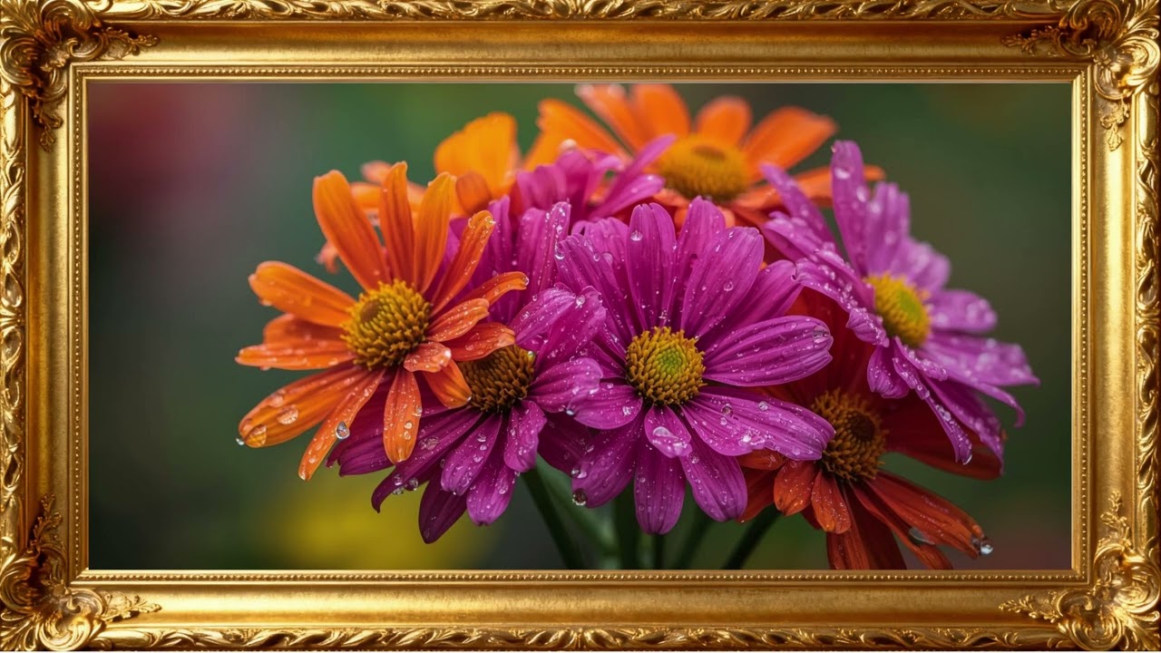 Dew Drops on Rainbow Blooms – 4K Flower Wallpaper for TV Background | 4K Frame TV Art