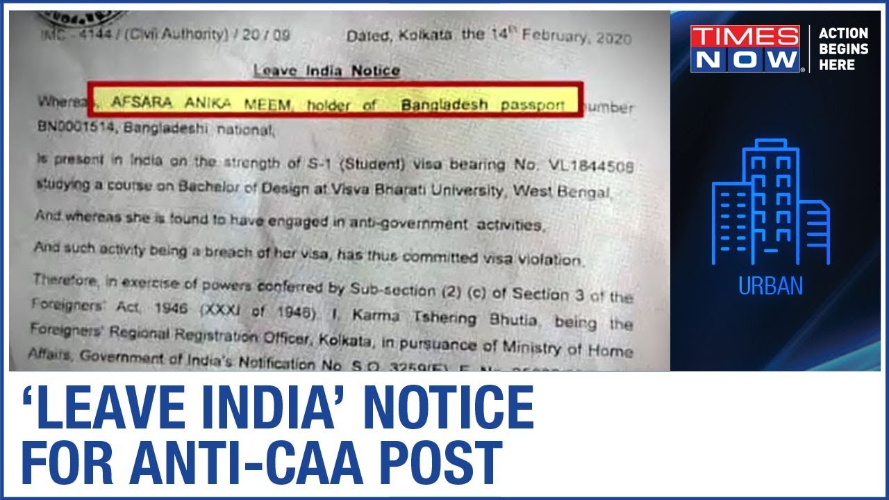 Bangladeshi Student gets MHA notice, 'Leave India' for Anti-CAA post Bangladeshi Student gets MHA notice, 'Leave India' for Anti-CAA post