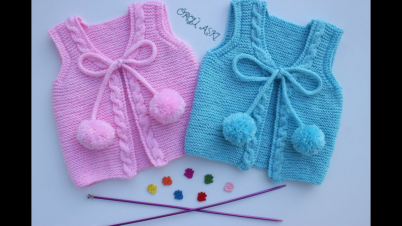 Описание детской жилетки с твистом и помпоном //Детские жилеты(русские субтитры)