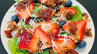 Summer Berry Spinach Salad with Bourbon Bacon Onion Jam Dressing