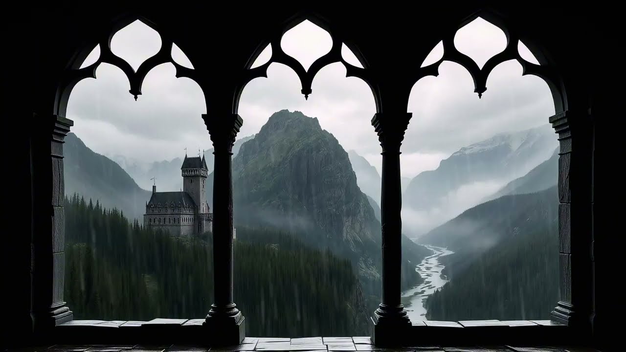 4K Castle Window Projection with Soft Rain & Thunder Sounds | Reading Ambience for Sleep and Focus