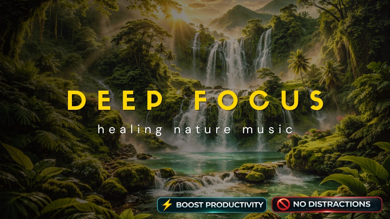 FOCUS MUSIC FOR WORK & STUDYING – PEACEFUL FOREST WATERFALL AMBIENCE