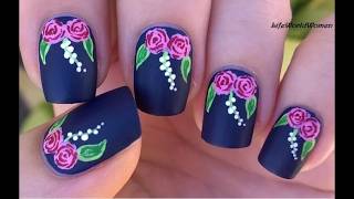 Blue Velvet Nails With Rose Nail Art - Matte Nails | Easy Manicure At Home