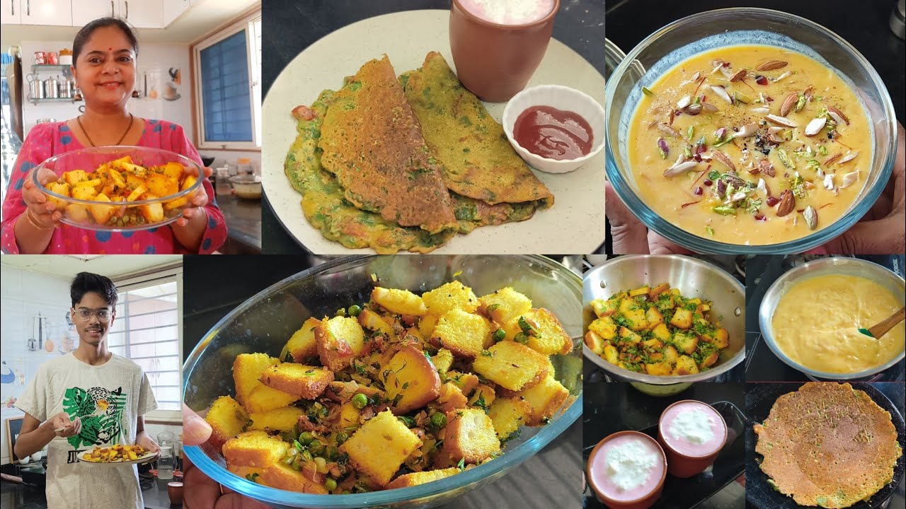 karli सुबह se शाम ki तैयारी +Breakfast🍱 palak pudla🌺 bread poha🌺 mango vermicelli custard🌺Rose lassi