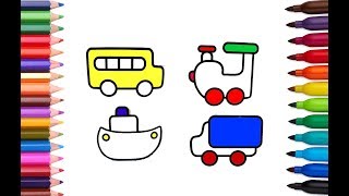 School Bus Boat Van Train How to Draw and Color Coloring pages for children Learn Colors