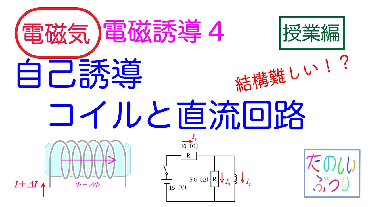 【自己誘導】【コイルを含む回路】高校物理　電磁気　電磁誘導4  　自己誘導　コイルを含む直流回路　授業