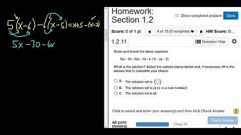 Solve 5(x - 6) - 6(x - 5) = x + 5 - (x - 2) College Algebra MyMathlab Homework