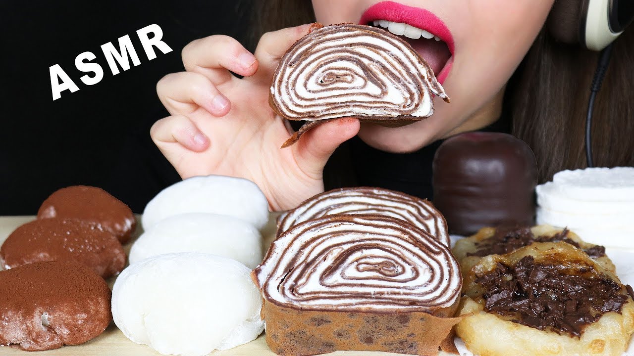ASMR CHOCOLATE CREPE ROLL CAKE, VELVET MOCHI & MERINGUE COOKIES (EATING SOUNDS) No Talking