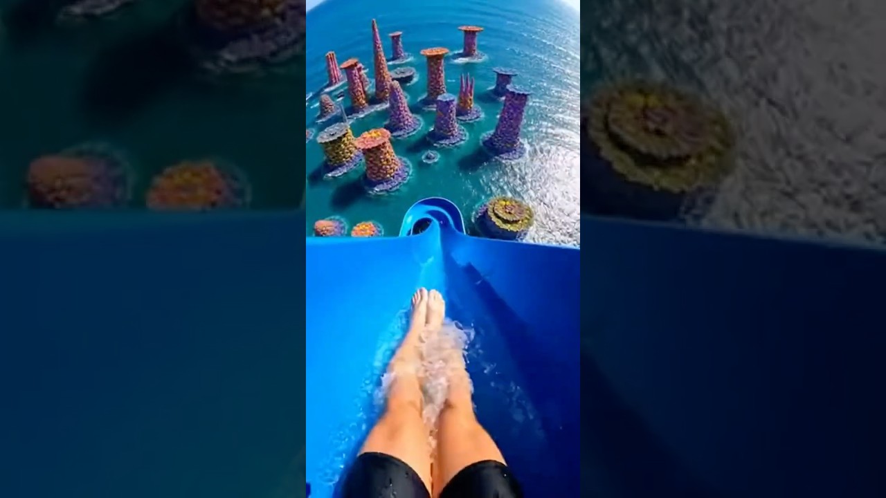 water slide into pool full of giant fish 
