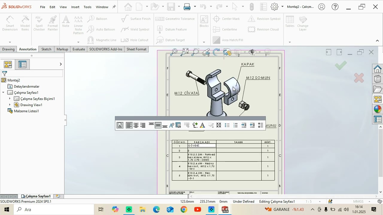 Solidworks Teknik Resim Eğitim Videoları Montaj Teknik Resmi Örnek Çalışma (21. Ders) 