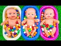 4 Minutes Satisfying Video | Mixing Funny Candy ASMR &amp; Gum Balls in Make Up 3 Bathtubs with Skittles