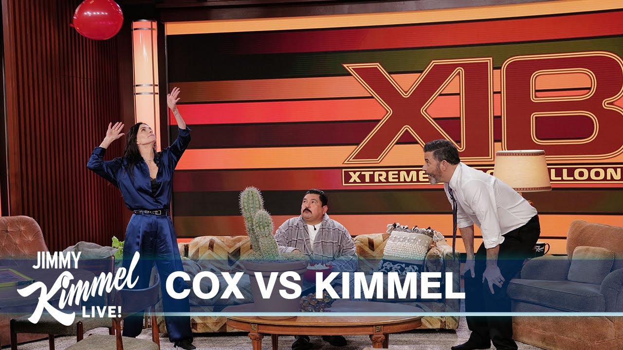 ⁣Courteney Cox vs Jimmy Kimmel in Xtreme Indoor Balloon