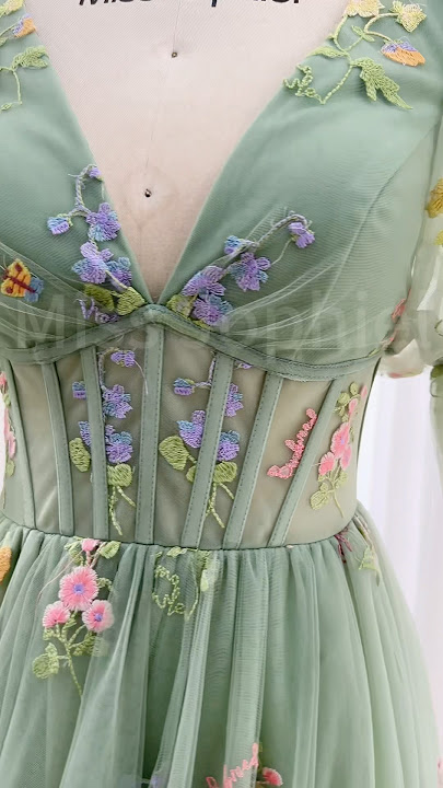 Corset V neck half sleeves sage green long prom dress #dress #gown #prom #wedding #fashion #diy