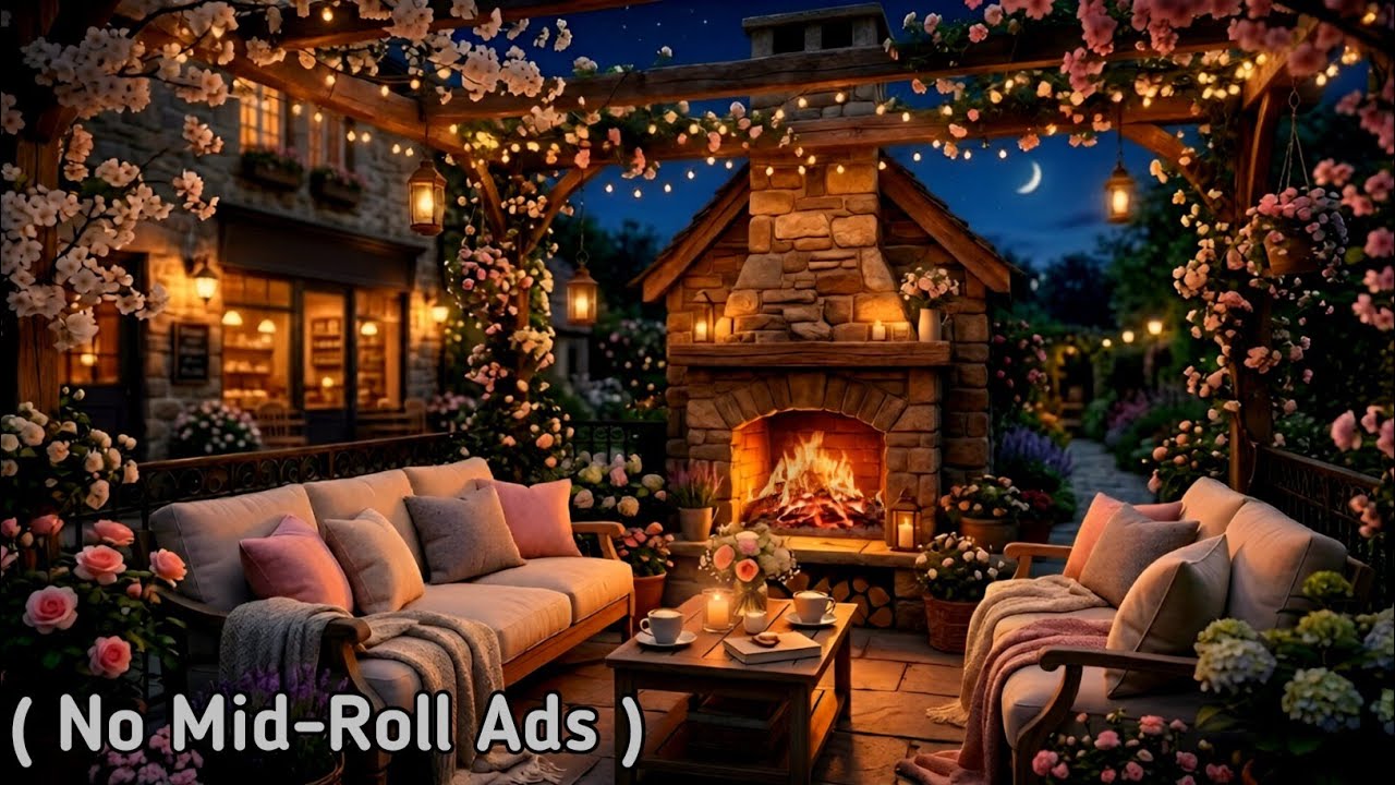 Deep Sleep Ambience | Crackling Fireplace & Smooth Jazz on a Spring Night